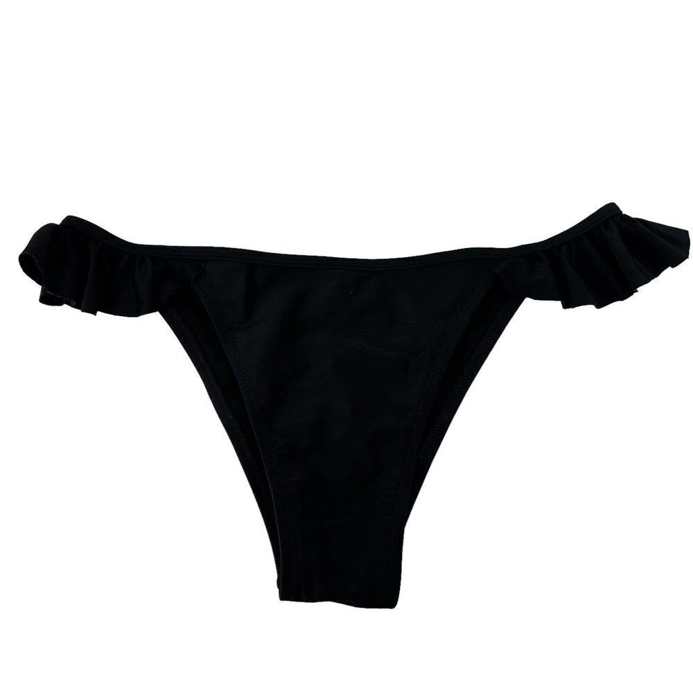 Ocean Blues Bikini Bottom Solid Black Side Ruffles Cheeky Womens Size Large Swim